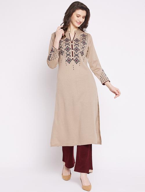 women beige mandarin neck kurta pant set - 20506634 - Standard Image - 0