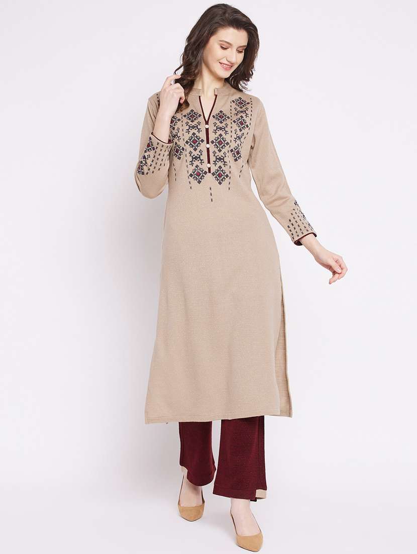 women beige mandarin neck kurta pant set