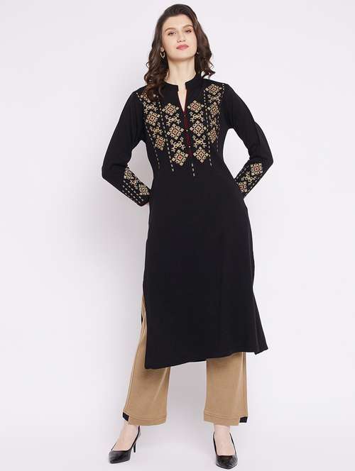 women black mandarin neck kurta pant set - 20506635 -  Standard Image - 0