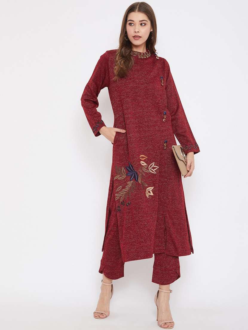 women long sleeve woollen kurta pant set - 20506690 -  Zoom Image - 0