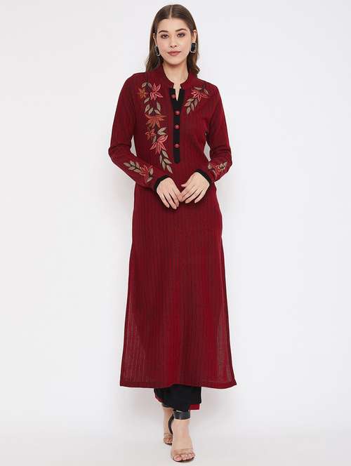 maroon long sleeve kurta pant set - 20506700 -  Standard Image - 0