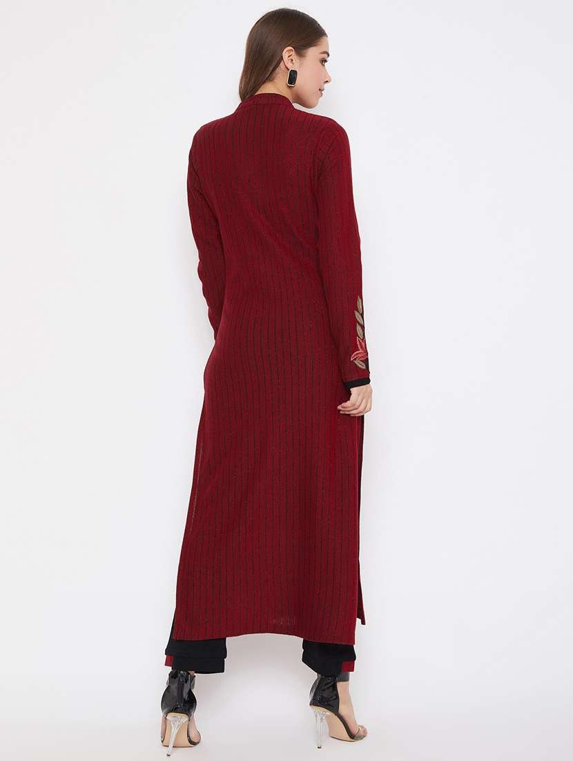 maroon long sleeve kurta pant set - 20506700 -  Standard Image - 3