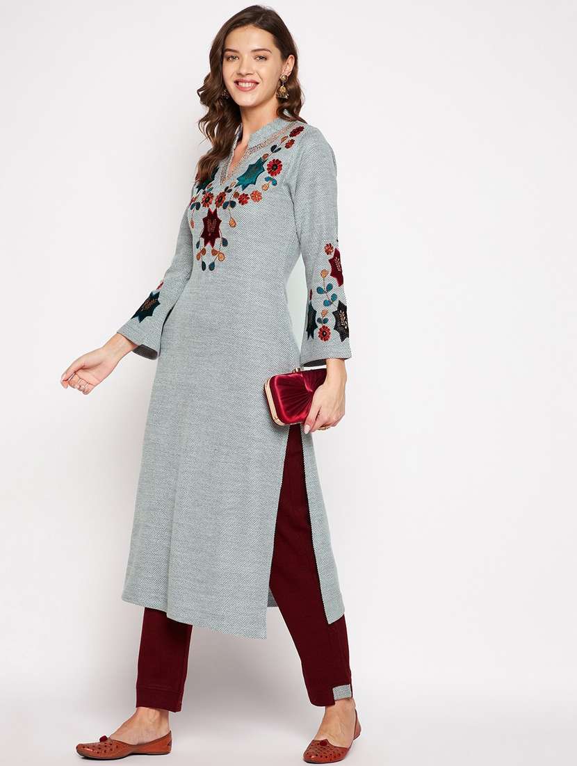 women long sleeve woollen kurta pant set - 20506742 - Standard Image - 3