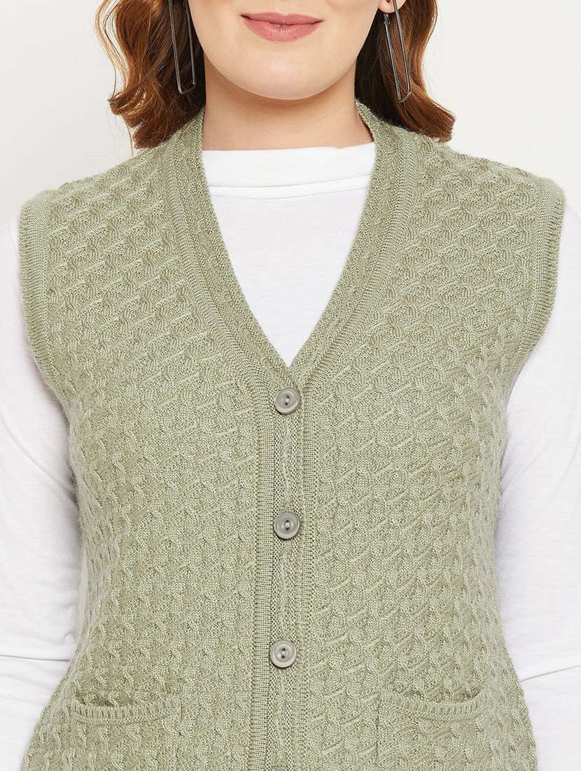 Women Green Sleeveless Cardigan