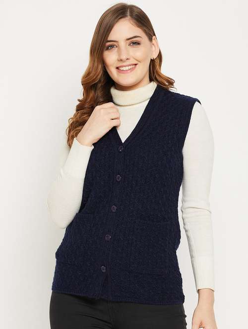 women navy blue sleeveless cardigan - 20507009 -  Standard Image - 0