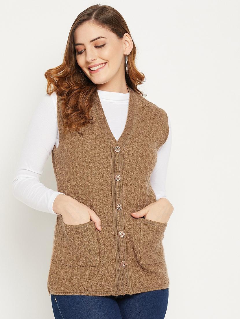 women brown sleeveless cardigan