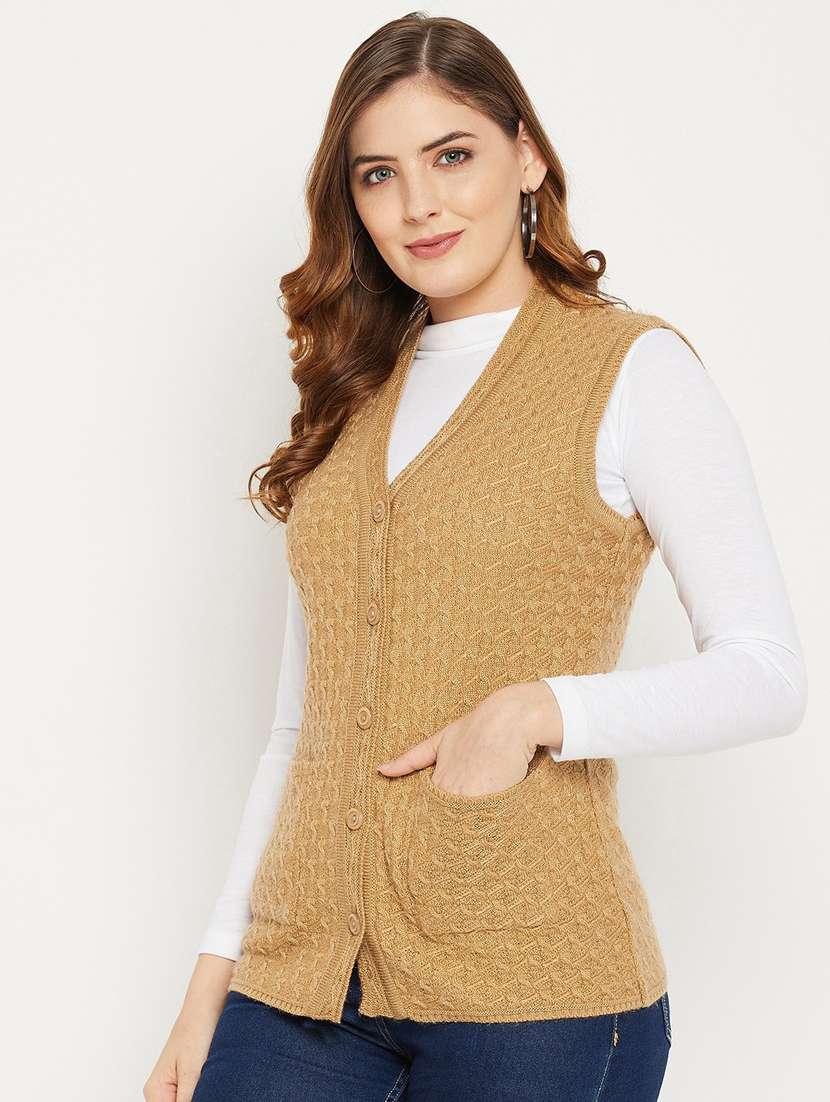 Women Khaki Sleeveless Cardigan