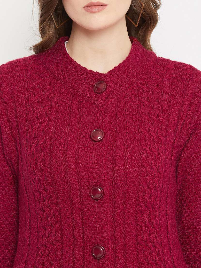 maroon self designed woolen cardigan - 20507052 -  Standard Image - 3