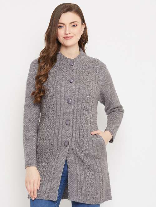 grey self designed woolen cardigan - 20507054 - Standard Image - 0