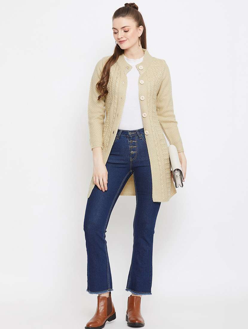 beige self designed woolen cardigan - 20507056 -  Standard Image - 3