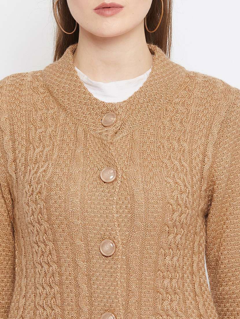 brown self designed woolen cardigan - 20507057 -  Standard Image - 3