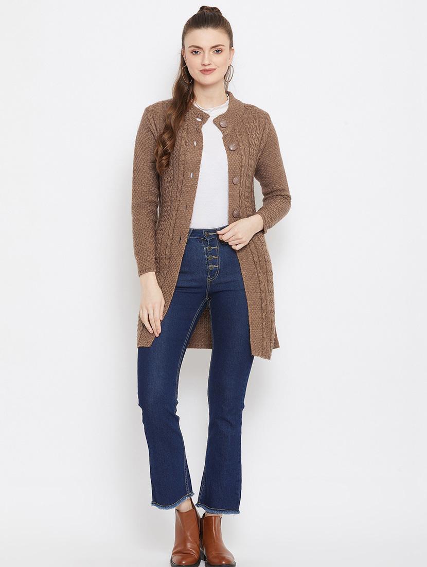 brown self designed woolen cardigan - 20507059 - Standard Image - 3