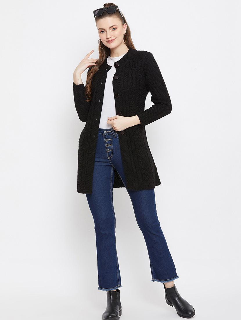 black self designed woolen cardigan - 20507060 - Standard Image - 3