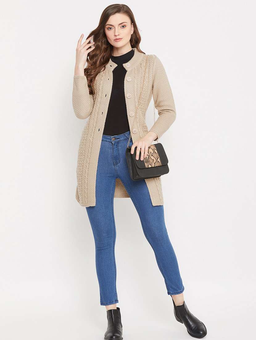 beige self designed woolen cardigan - 20507061 -  Standard Image - 3