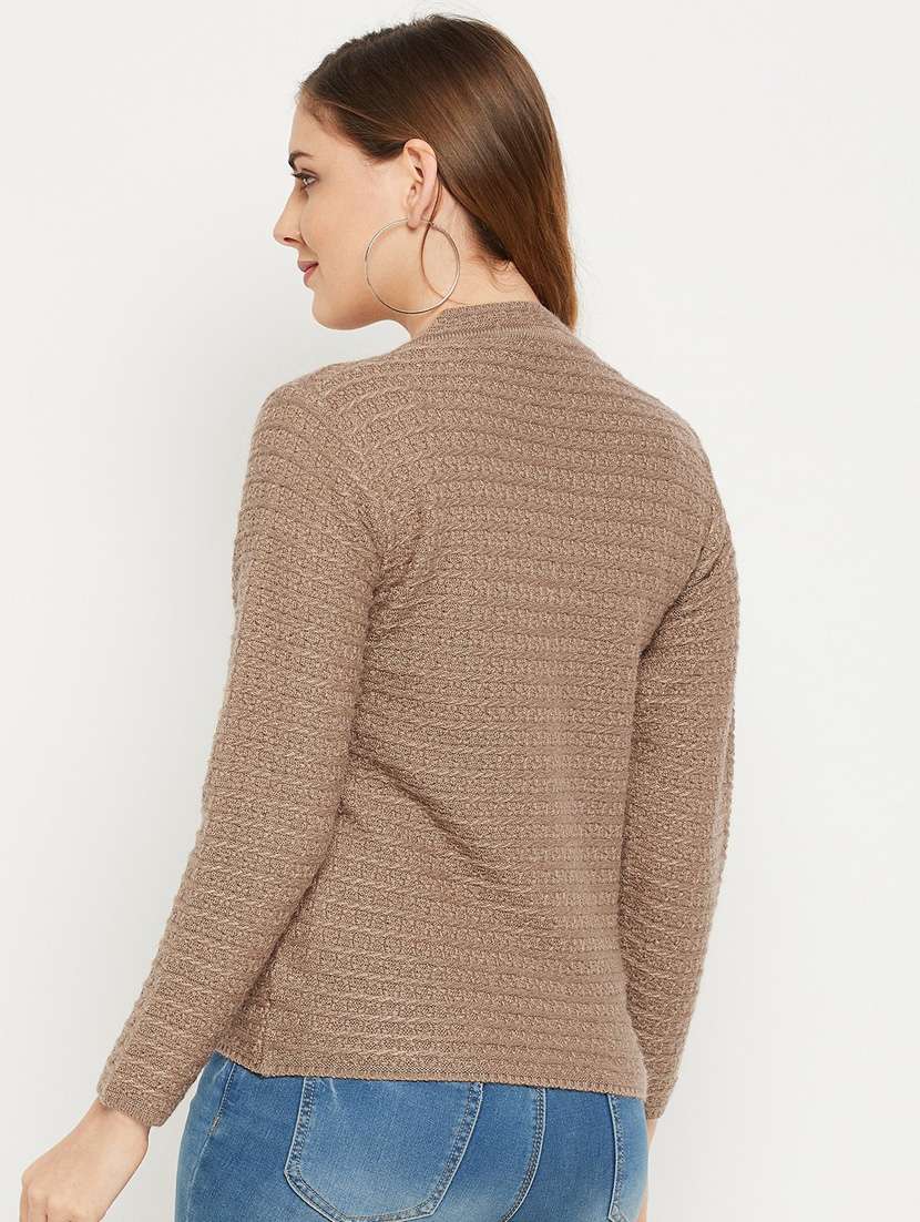 beige self designed woolen cardigan - 20507062 -  Standard Image - 3