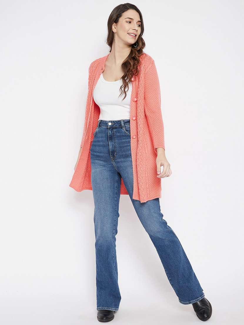 peach self designed woolen cardigan - 20507086 -  Standard Image - 3
