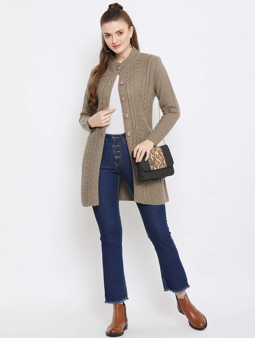 olive self designed woolen cardigan - 20507087 -  Standard Image - 3