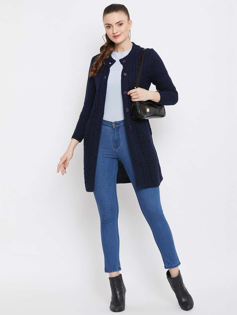 navy blue self designed woolen cardigan - 20507088 -  Standard Image - 3