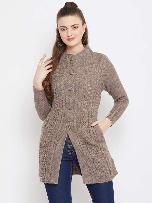 brown self designed woolen cardigan - 20507090 -  Standard Image - 0