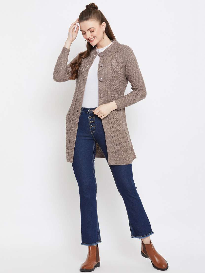 brown self designed woolen cardigan - 20507090 - Standard Image - 3