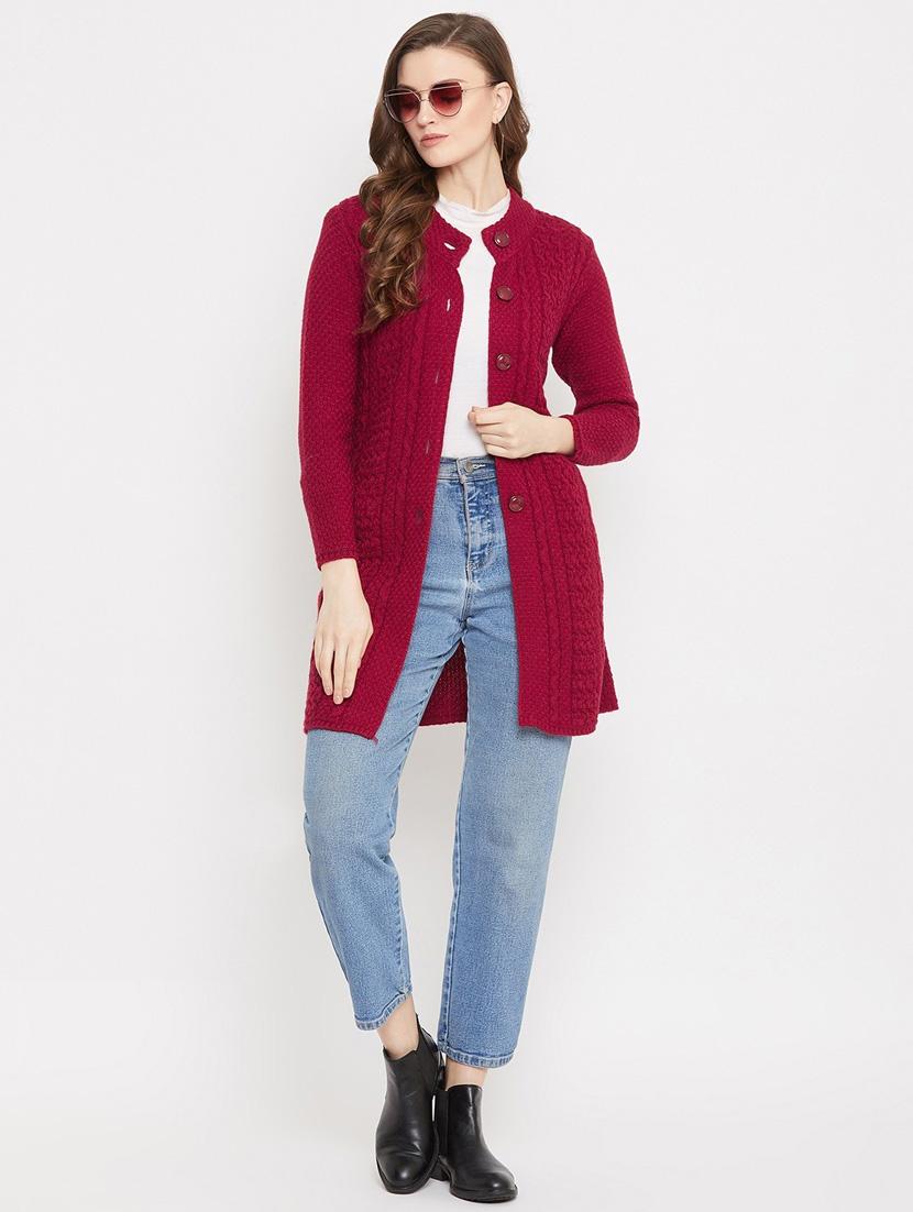 maroon self designed woolen cardigan - 20507091 - Standard Image - 3