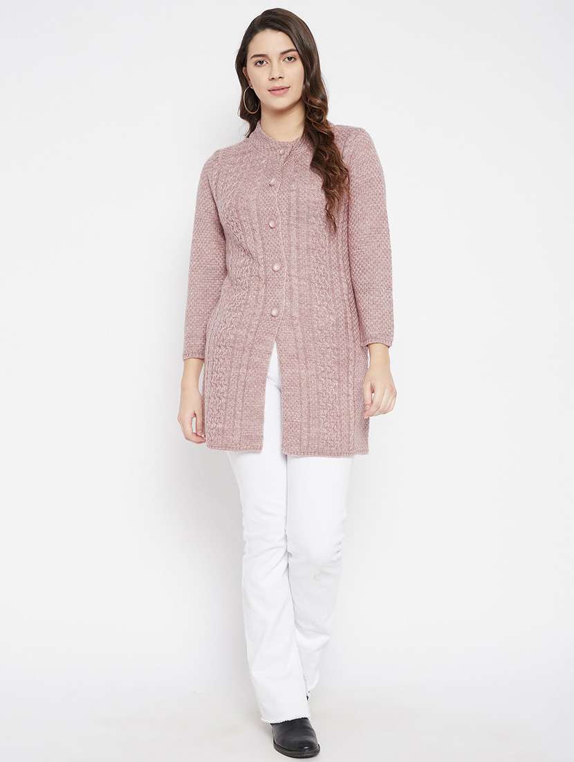 women pink self designed woolen cardigan - 20507093 -  Standard Image - 3