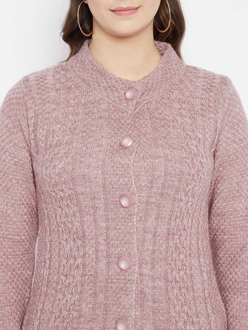 women pink self designed woolen cardigan - 20507093 -  Standard Image - 5