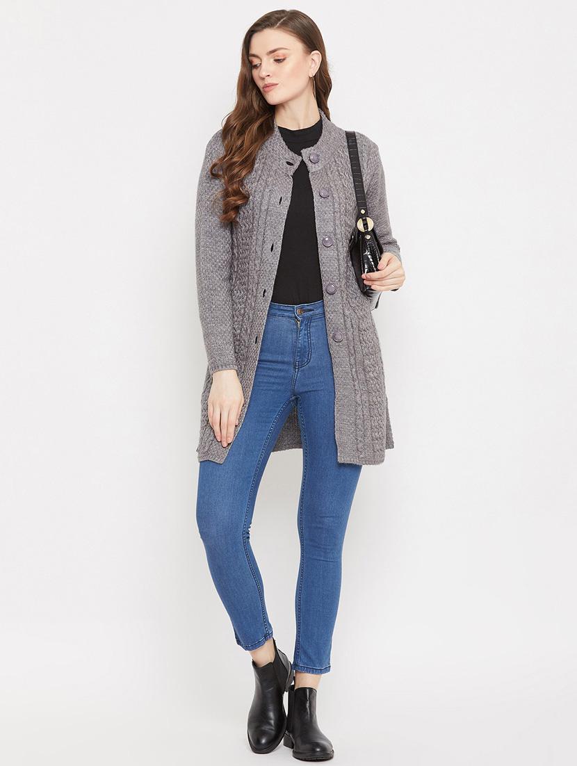 grey self designed woolen cardigan - 20507094 - Standard Image - 3