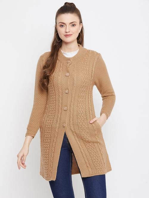 brown self designed woolen cardigan - 20507096 - Standard Image - 0