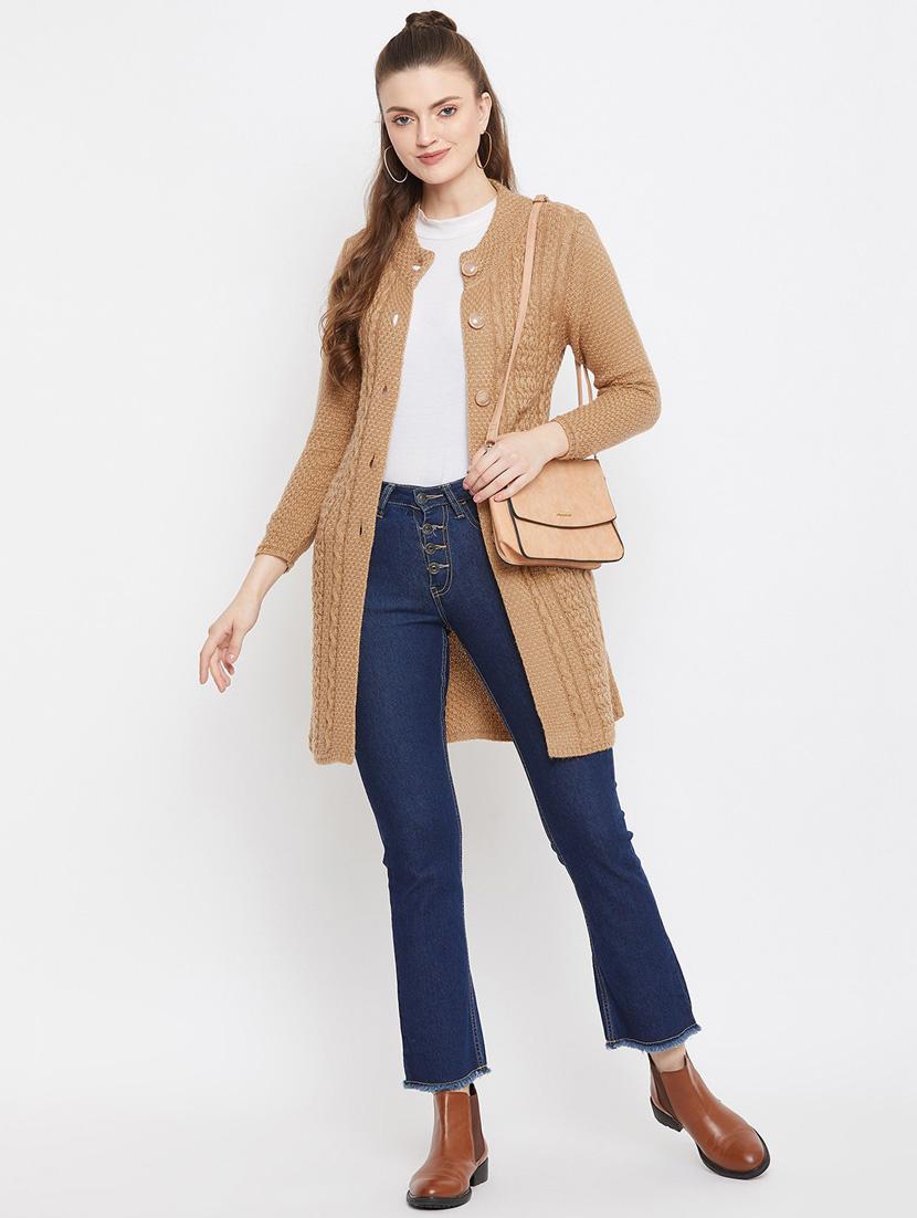 brown self designed woolen cardigan - 20507096 - Standard Image - 3
