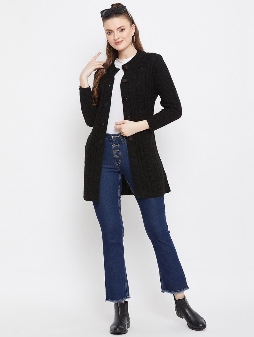 black self designed woolen cardigan - 20507098 - Standard Image - 3