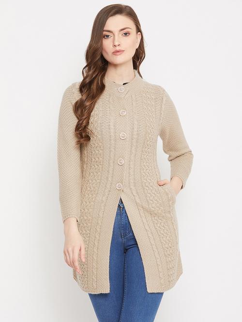 taupe self designed woolen cardigan - 20507099 - Standard Image - 0