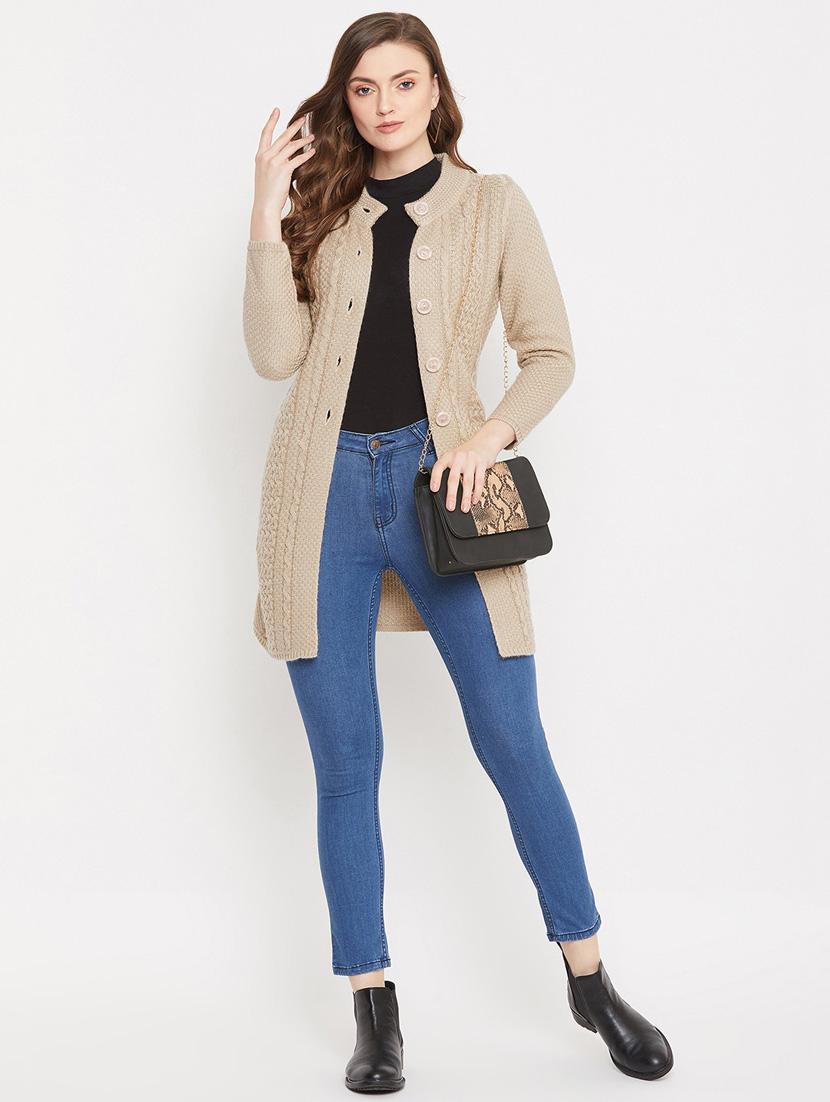 taupe self designed woolen cardigan - 20507099 - Standard Image - 3