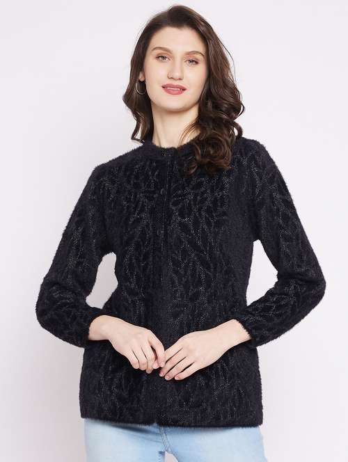 black self designed woolen cardigan - 20507103 - Standard Image - 0