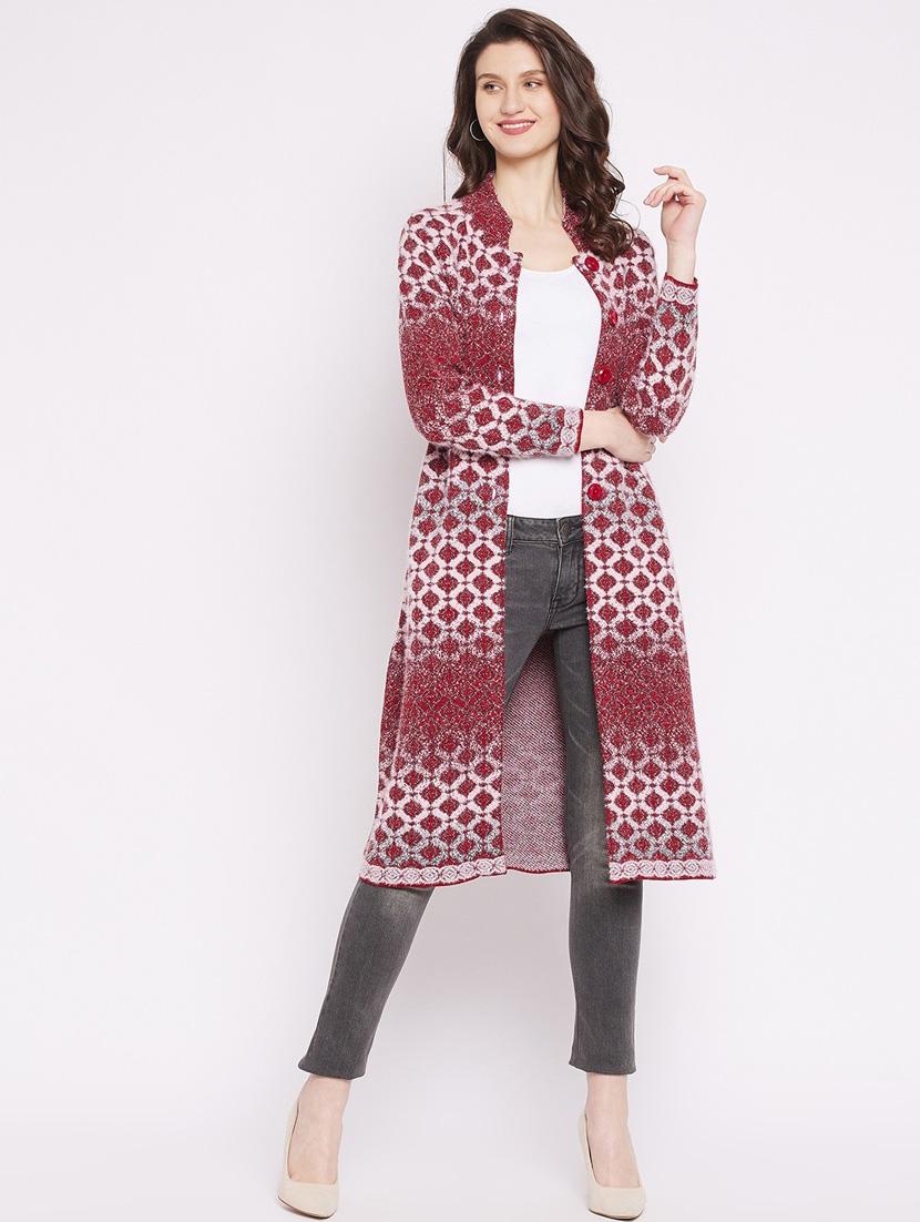 maroon self designed woolen cardigan - 20507108 - Standard Image - 3