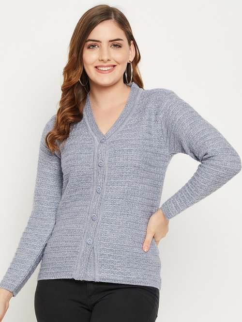 grey self designed woolen cardigan - 20507111 - Standard Image - 0
