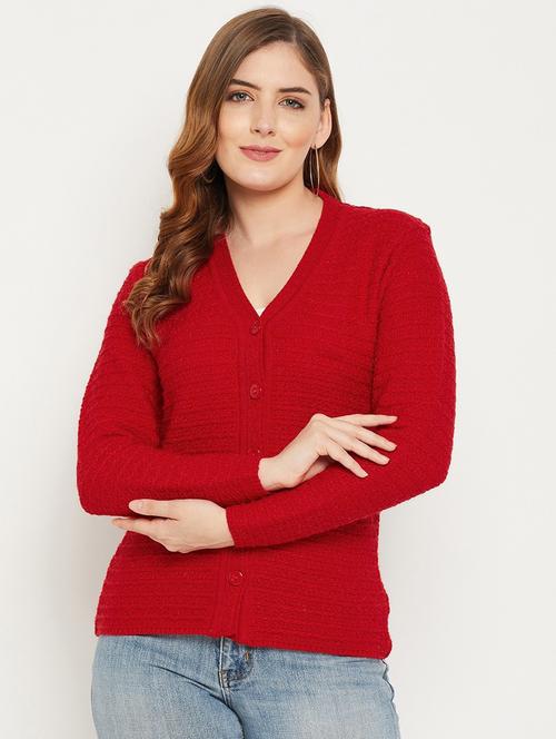 red self designed woolen cardigan - 20507112 - Standard Image - 0