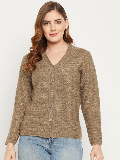 brown self designed woolen cardigan - 20507114 - Standard Image - 0