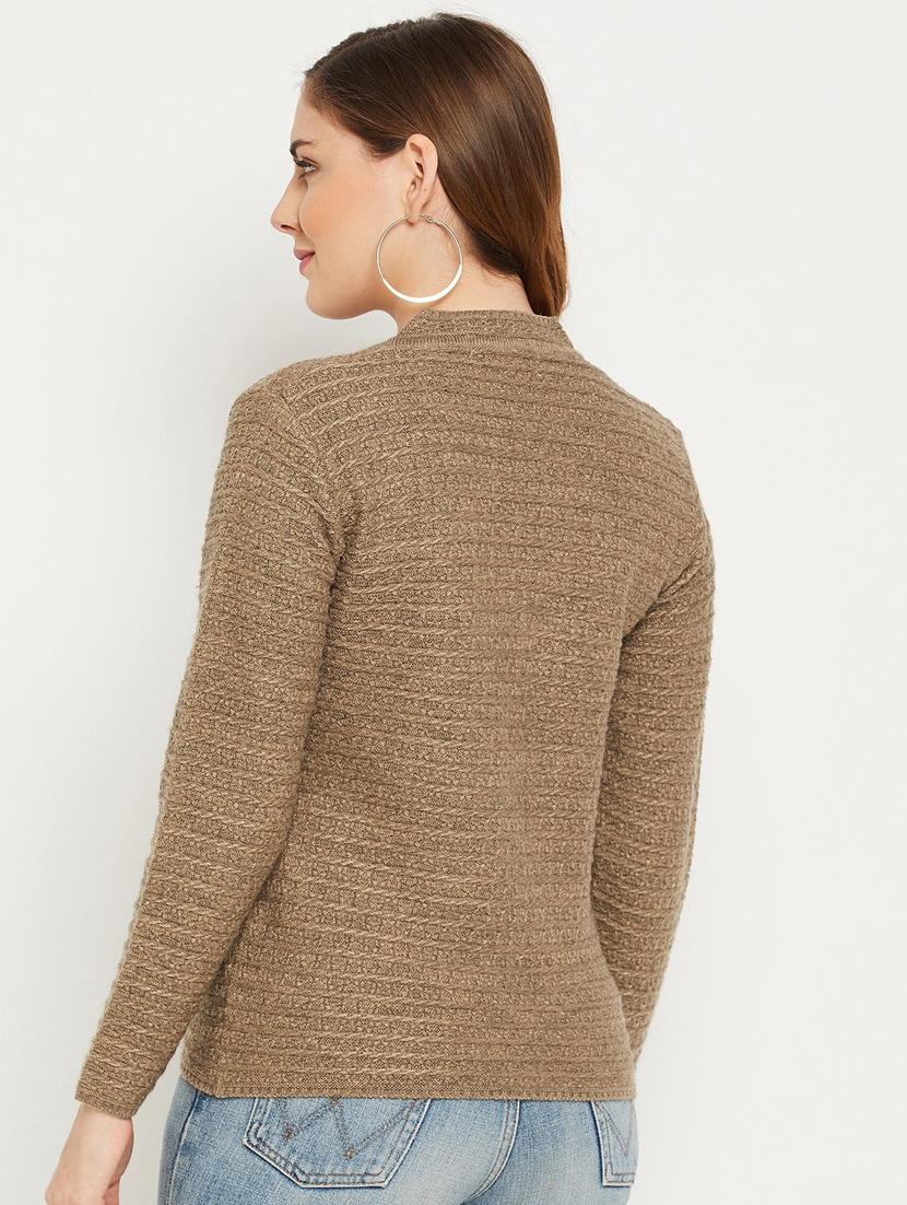 brown self designed woolen cardigan - 20507114 - Standard Image - 3