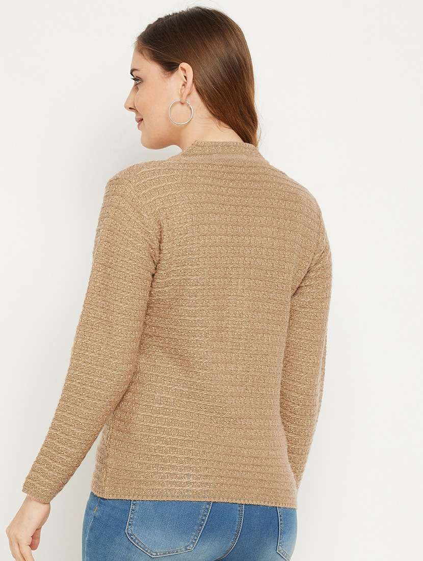 khaki self designed woolen cardigan - 20507120 - Standard Image - 3