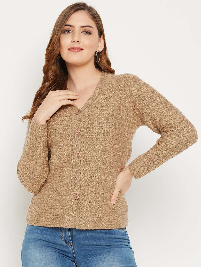 khaki self designed woolen cardigan
