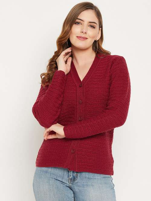 maroon self designed woolen cardigan - 20507122 -  Standard Image - 0