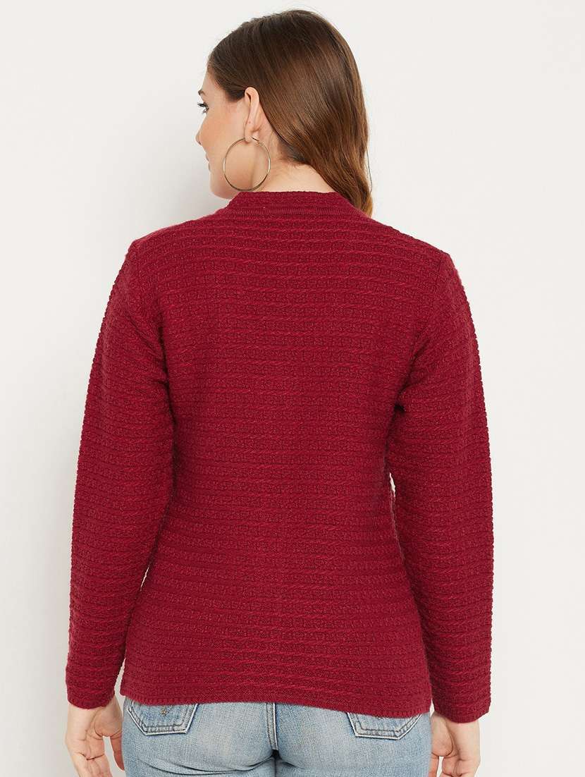 maroon self designed woolen cardigan - 20507122 -  Standard Image - 3