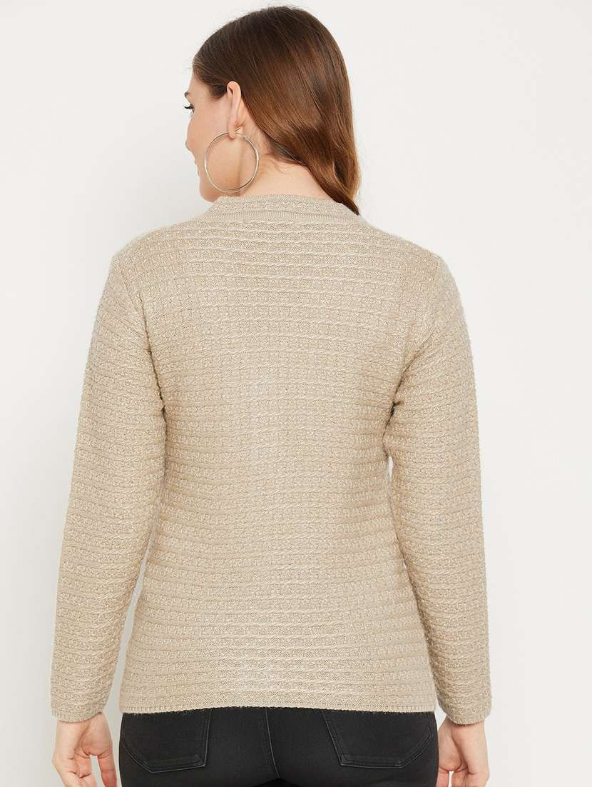 beige self designed woolen cardigan - 20507127 -  Standard Image - 3