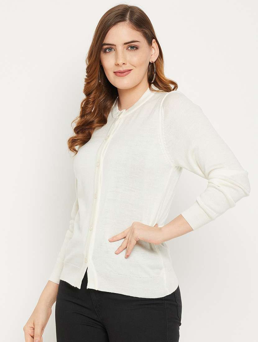 White Solid Woolen Cardigan