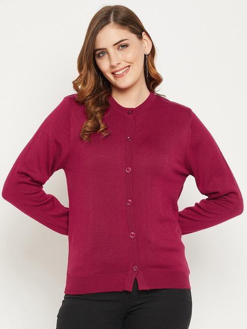 maroon solid woolen cardigan - 20507135 - Standard Image - 0