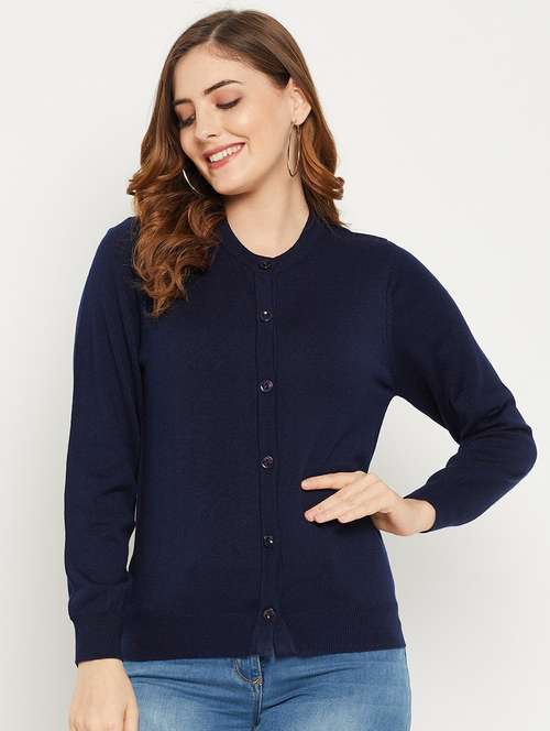 navy blue solid woolen cardigan - 20507140 - Standard Image - 0