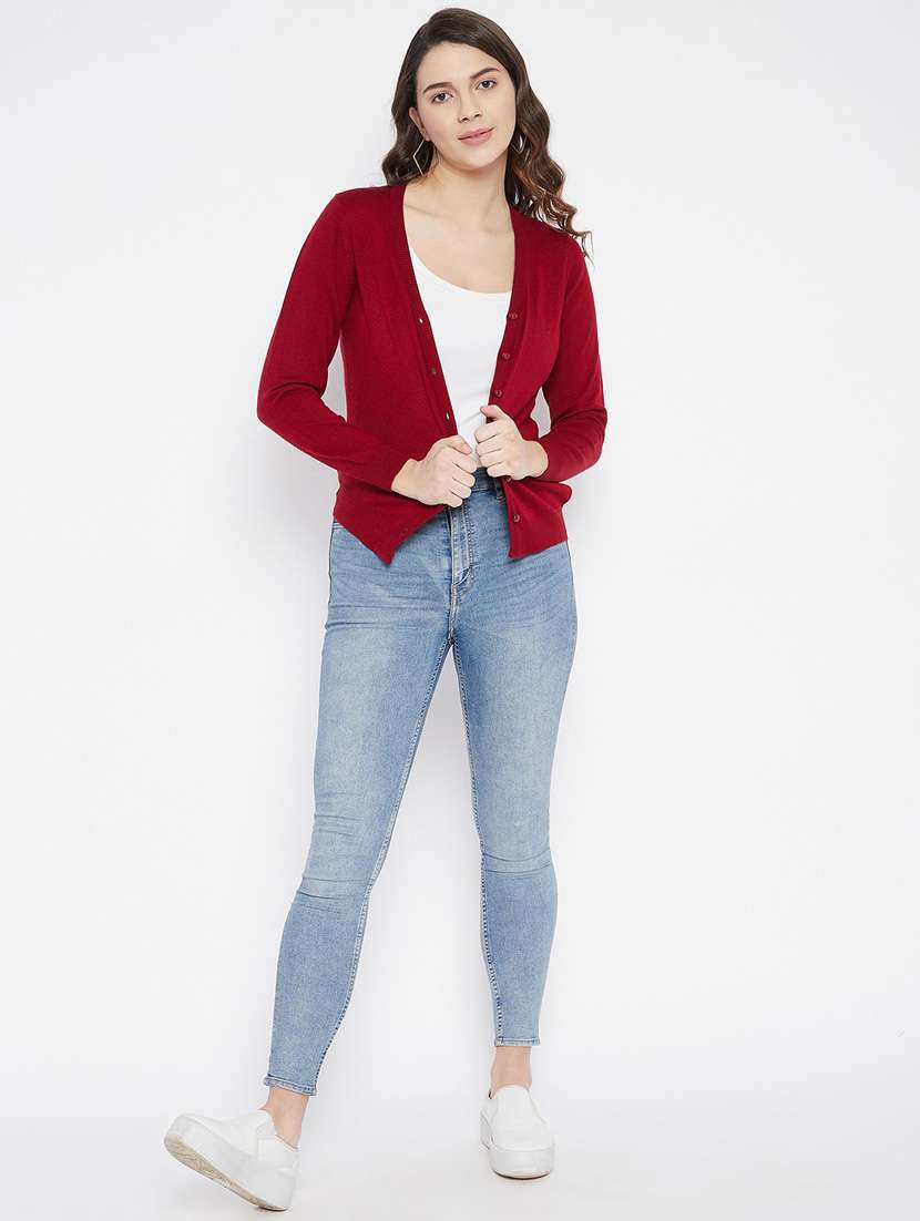 maroon solid woolen cardigan - 20507151 - Standard Image - 3
