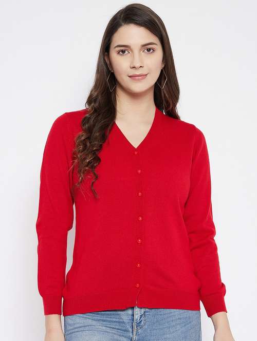 red solid woolen cardigan - 20507152 -  Standard Image - 0