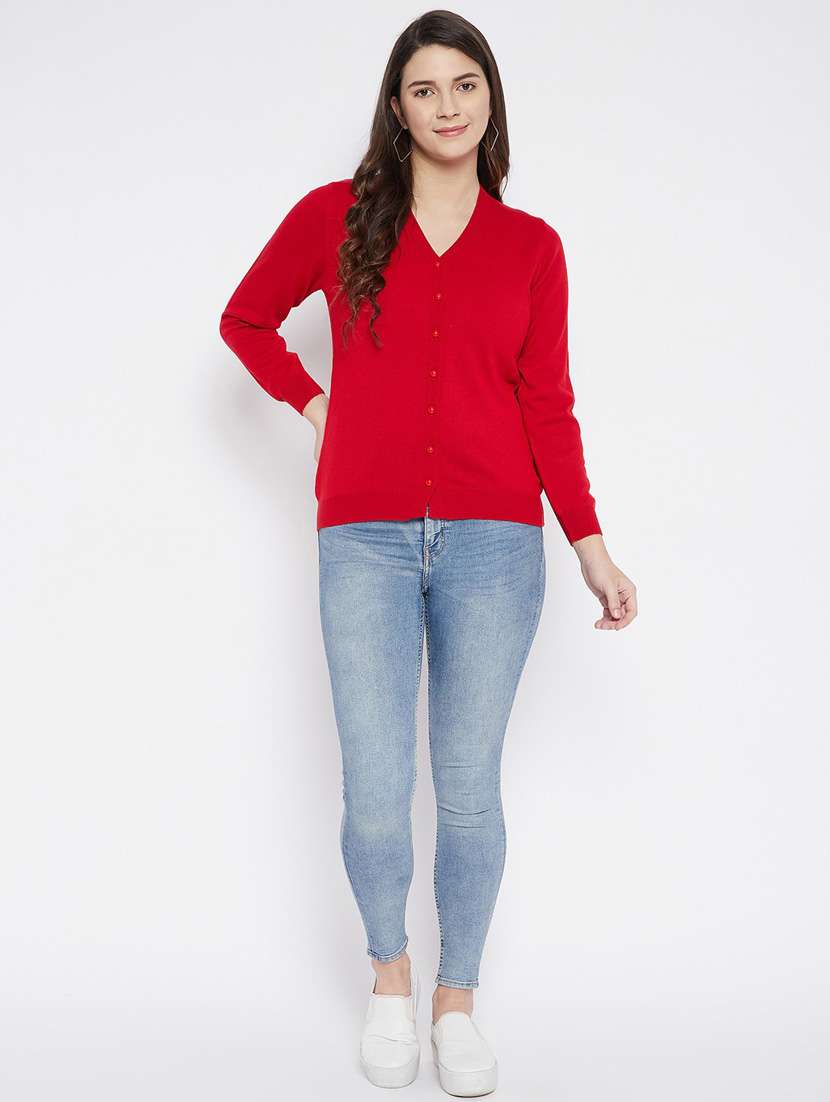 red solid woolen cardigan - 20507152 - Standard Image - 3
